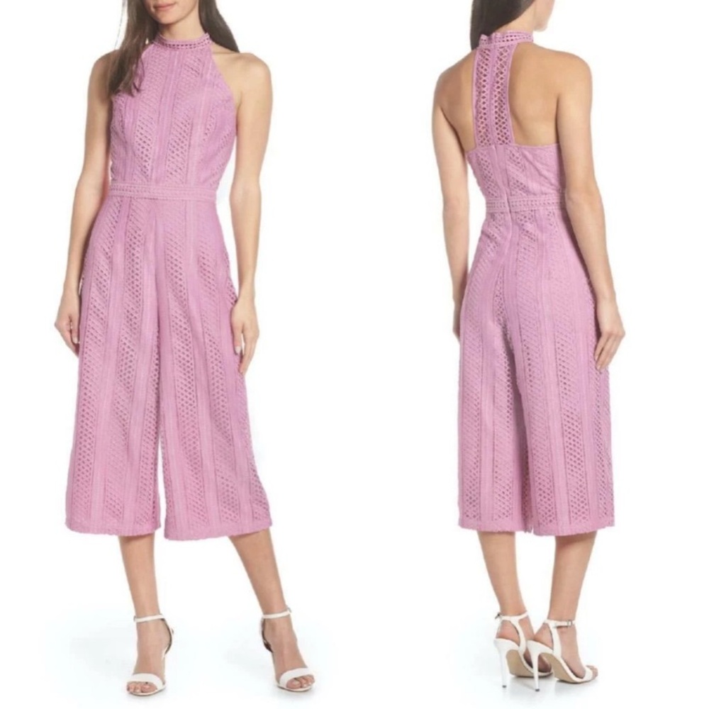 NEW CHELSEA28 Pink BOUQUET LACE Mock Neck WIDE LEG Crop JUMPSUIT M